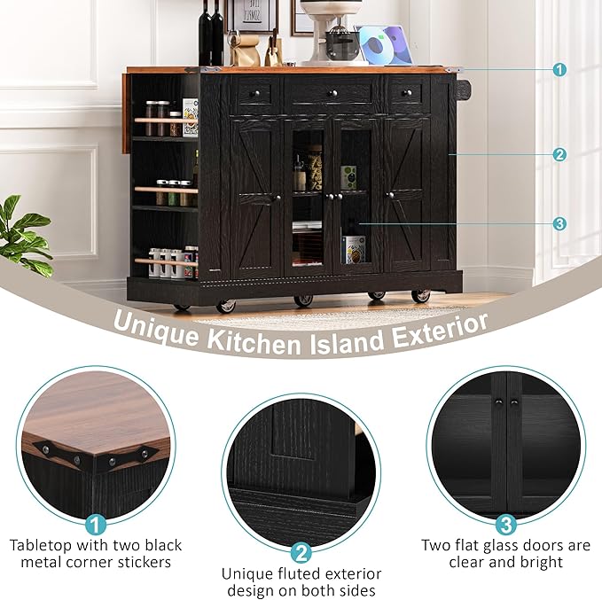 53" Farmhouse Kitchen Island with 2 Tempered Glass Cabinet Doors, Power Outlet, Rolling Kitchen Cart on Wheels with Drop Leaf, 5 Open Side Racks, 3 Drawers, for Kitchen, Black
