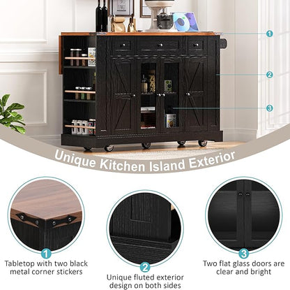 53" Farmhouse Kitchen Island with 2 Tempered Glass Cabinet Doors, Power Outlet, Rolling Kitchen Cart on Wheels with Drop Leaf, 5 Open Side Racks, 3 Drawers, for Kitchen, Black