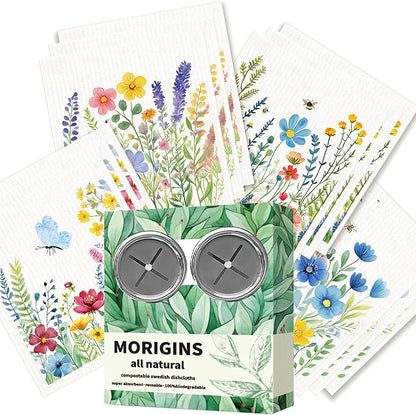 12 Pack Swedish Dishcloths with 2 Push Towel Hooks - Reusable Dish Cloths for Washing Dishes, Napkins Cleaning Cloth Washable - Flower Set