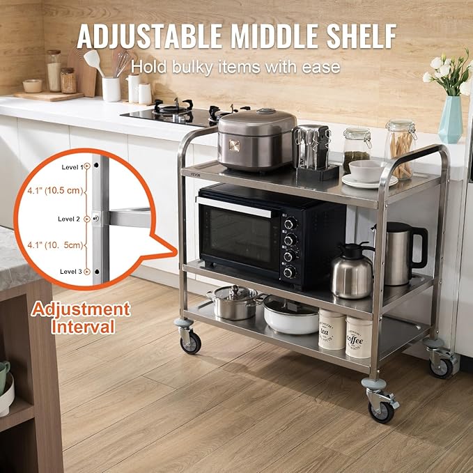VEVOR Kitchen Utility Cart, 3 Tiers, Wire Rolling Cart with 220LBS Capacity, Steel Service Cart on Wheels, Metal Storage Trolley with 80mm Basket Curved Handle PP Liner 6 Hooks, for Indoor and Outdoor