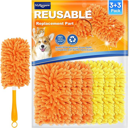 Reusable Duster Refill for Swiffer Hand Duster, 360 Degree Duster Refills for Spring Cleaning, Ceiling Fan, Orange Yellow, 3+3 Pack (Handle is Not Included)