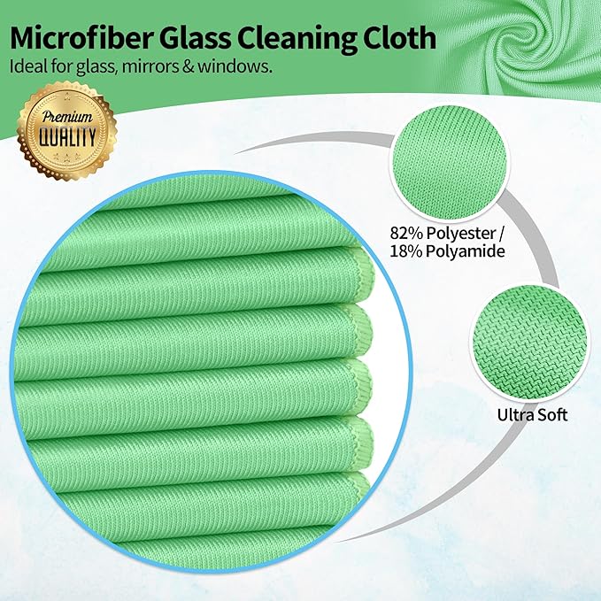 Microfiber Cleaning Cloth, 10 Pack Glasses Cleaning Cloth, 16" ×14" Window Cleaning Rags, Streak Free Lint Free Polishing Cloths Wipes for Eye Glass Stainless Steel Windshield, Sage Green