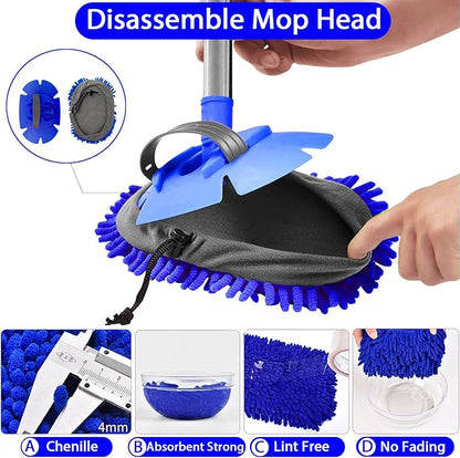 WillingHeart 63" Car Wash Mop Brush Tool Mitt with Long Handle Length More Suitable for Washing American Cars Truck, SUV, RV, Trailer, 2 in 1 Chenille Microfiber Duster Not Hurt Paint Scratch Free