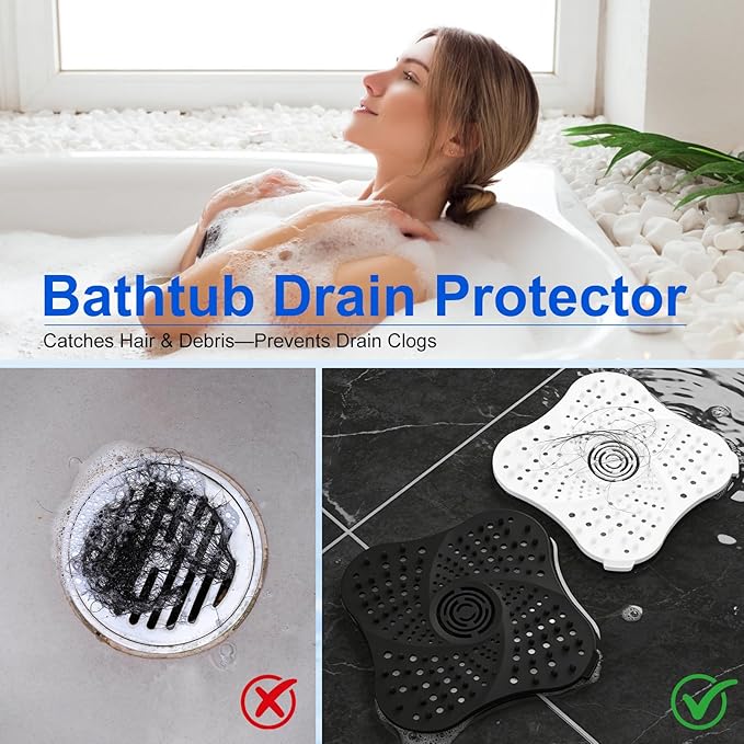 4 Pack Shower Drain Hair Catcher, Premium Silicone Shower Hair Catcher with Suction Cup for Regular Drains of Shower Kitchen Bathtub Bathroom (Black/White/Gray/Blue)