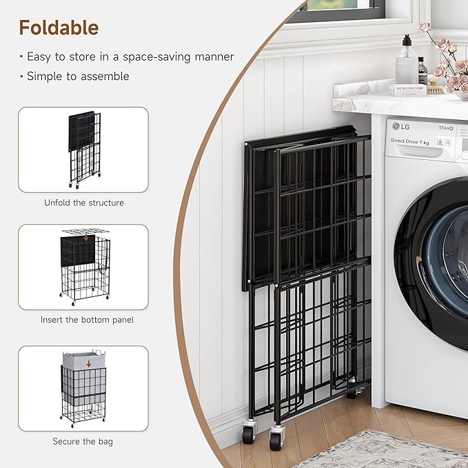 90L Laundry Basket with Wheels, Large Capacity Laundry Hamper with Removable Liner Bags, Heavy Duty Laundry Sorter with Solid Wood Lid & Leather Handles, Grey
