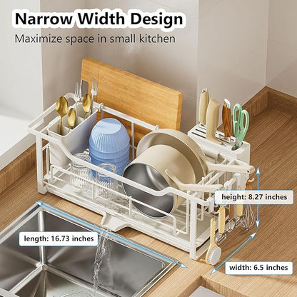 AIDERLY Narrow Dish Drying Rack for Kitchen Counter Auto Drain Iron Dish Drainer with Removable Cutlery Basket, White