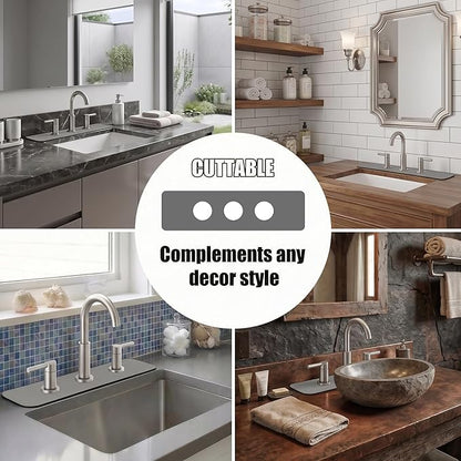 2PCS Faucet Mat for Bathroom Sink 3 Holes: 18’’Lx5.5’’W Splash Guard Fits 8 Inch Widespread Faucet for Vanity & Vintage Bridge Kitchen Faucet - Trimmable Drip Catcher for Irregular Sink, Grey