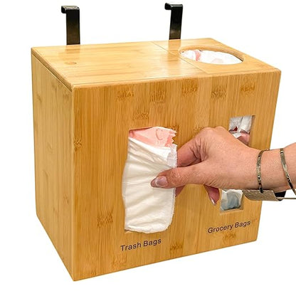 Grocery Bag Holder & Trash Bag Dispenser, Large 2-in-1, Extra Depth Fits 13 Gallon Rolls, Under Sink, Wall Mounted, Pantry, Bamboo