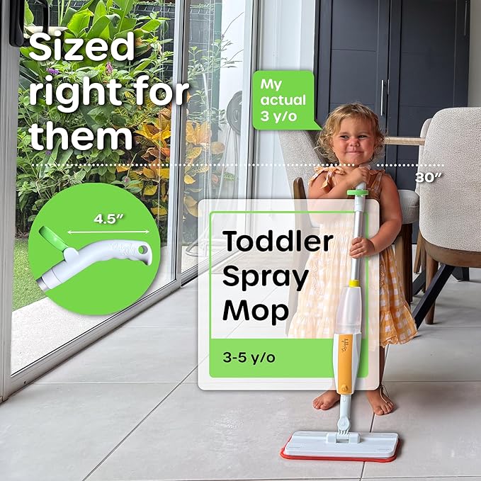 Quiggly Toddler Spray Mop – Two-Handed Design for Ages 3–5 with Real Water Sprayer – Montessori Functional Cleaning Toy Set
