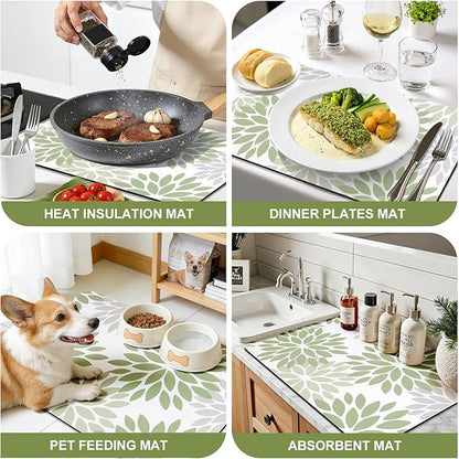 Findosom Floral Dish Drying Mat, 16" x 20" Super Absorbent & Hide Stain Coffee Mat, Cuttable Drying Mat for Kitchen Counter, Under Dish Rack, Coffee Maker, Espresso Machine, Sage Green