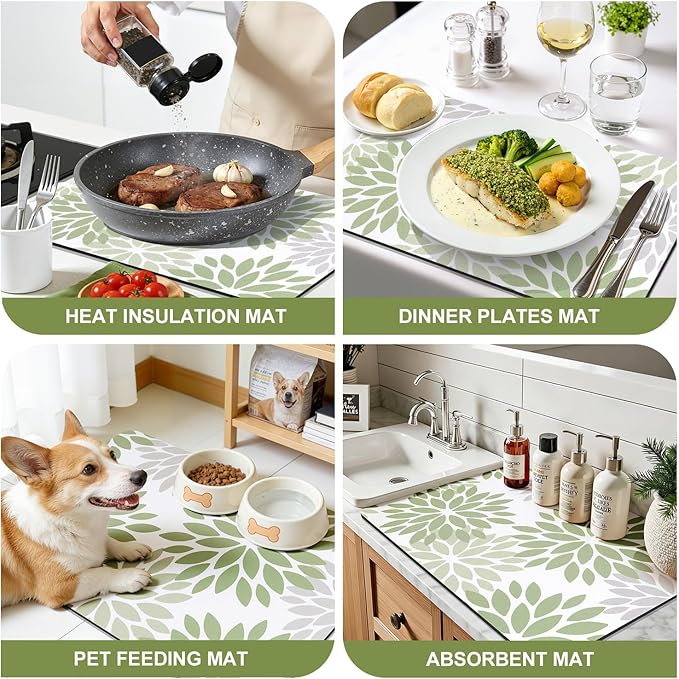Findosom Floral Dish Drying Mat, 16" x 18" Super Absorbent & Hide Stain Coffee Mat, Cuttable Drying Mat for Kitchen Counter, Under Dish Rack, Coffee Maker, Espresso Machine, Sage Green