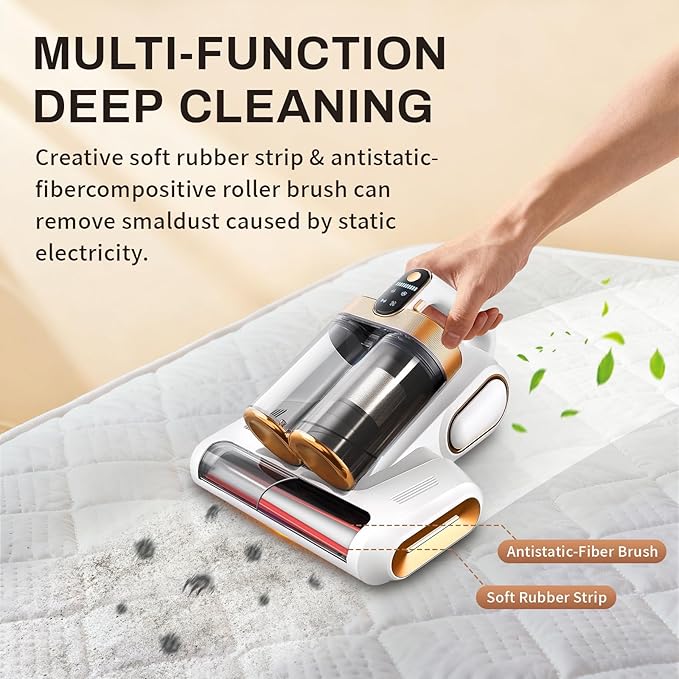 Cordless Mattress Vacuum Cleaner, 16Kpa Bed Vacuum Cleaner with 253.7nm UV-C Light & Ultrasonic Tech, HEPA Filter, Portable Handheld Vacuum for Bed Sofa Couch Crib & Pet Hair(Pearl White)