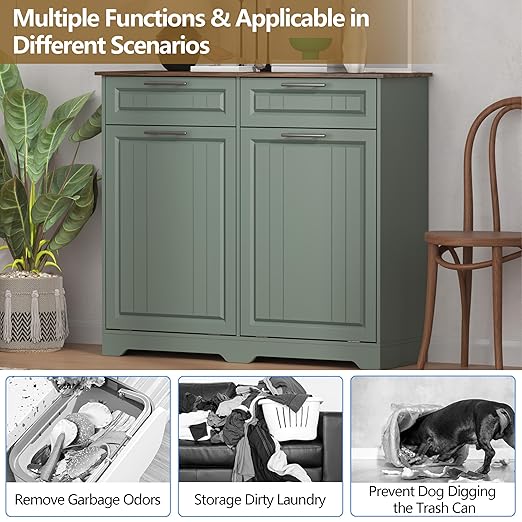 Double 10 Gallon Tilt Out Trash Can Cabinet with Deodorizing Function and Power Outlet, Wooden Hidden Garbage Can Holder with 2 Storage Drawers for Kitchen, Laundry Hamper Cabinet for Bathroom, Green