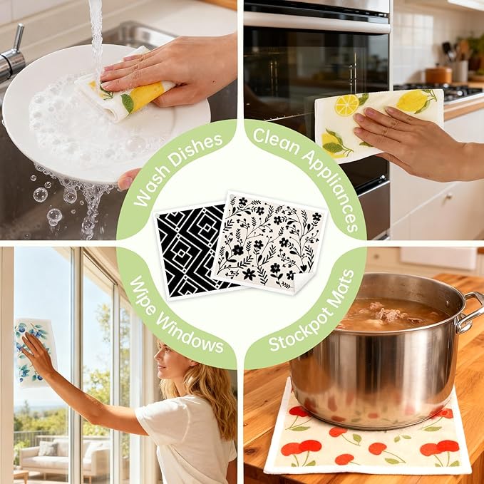 Swedish Dishcloths for Kitchen, 5 Pack Flower Line Reusable Paper Towels with 3 Hooks, Washable Dish Cloth Set, Absorbent Cleaning Cloth for Home Washing Dishes Housewarming Gifts for Friend