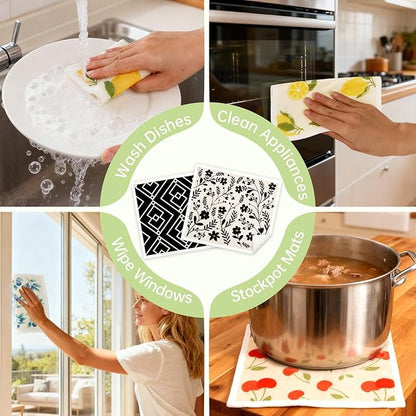 Swedish Dishcloths for Kitchen, 5 Pack Flower Line Reusable Paper Towels with 3 Hooks, Washable Dish Cloth Set, Absorbent Cleaning Cloth for Home Washing Dishes Housewarming Gifts for Friend