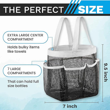 Handy Laundry Mesh Shower Caddy – 7 Pocket Portable Organizer Tote for College Dorm, Gym, Travel & Bathroom – Quick Dry, Collapsible, Lightweight Bag with Reinforced Handles (Black)