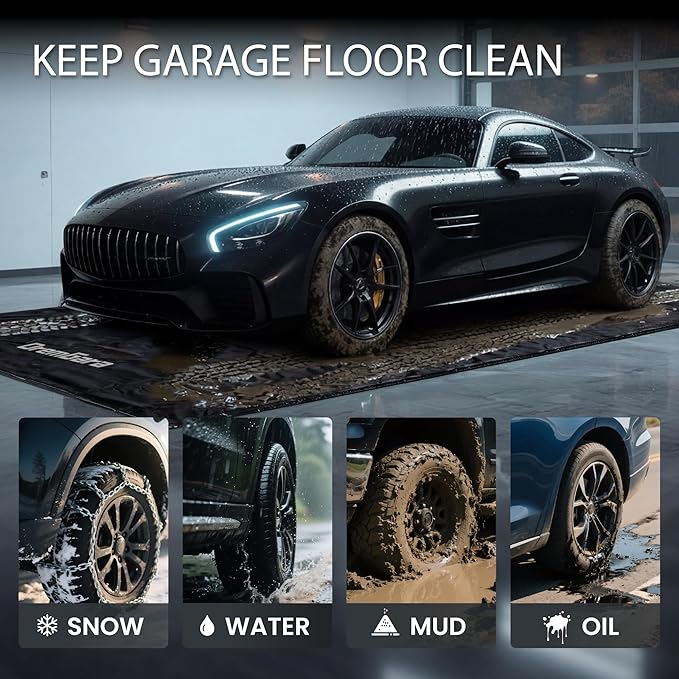 8’6" x 22’ Heavy-Duty Garage Floor Mat - 610GSM Commercial-Grade PVC Containment Mat with 1.2" Raised Edges to Trap Water, Mud, Snow & Oil, Waterproof Garage Floor Mat for Cars, Non-Slip