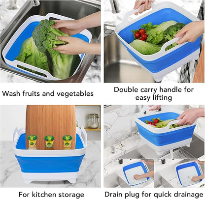 Tiawudi Dishpan for Washing Dishes, 2.4Gal/9L Wash Basin with Draining Plug Carry Handles, Collapsible Bucket for Cleaning, Portable Sink, Foldable Plastic Tub, 1PC