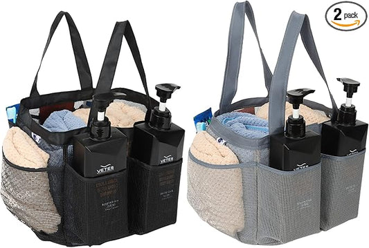 2 Pack Haundry Mesh Shower Caddy Tote Bag Hanging Portable Toiletry Bag College Dorm Essentials Quick Dry Bath Organizer for College Dorms, Gym, Camp for Bathroom Accessories(Grey + Black)
