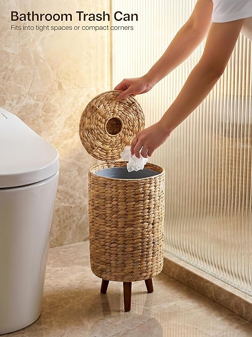 Tidita 3 Gallon Wicker Trash Can with Lid, Water Hyacinth Wicker Waste Basket for Bathroom - Decorative Bathroom Trash Can with Wooden Leg - Rattan Garbage Can with a Lid, Liner - Assembly Required