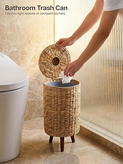 Tidita 3 Gallon Wicker Trash Can with Lid, Water Hyacinth Wicker Waste Basket for Bathroom - Decorative Bathroom Trash Can with Wooden Leg - Rattan Garbage Can with a Lid, Liner - Assembly Required