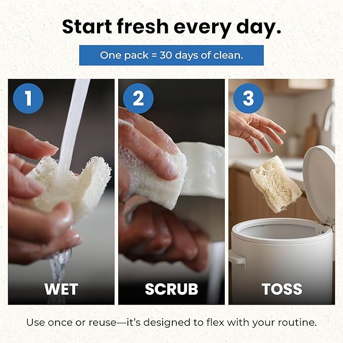 Scrub & Throw XL Loofah Scrub Sponge, Natural, Plastic-Free, Non-Scratch, for Kitchen, Dishes, Pots and Cleaning, Plant-Based, Plastic-Free, Eco-Friendly, Biodegradable, 30 Pack