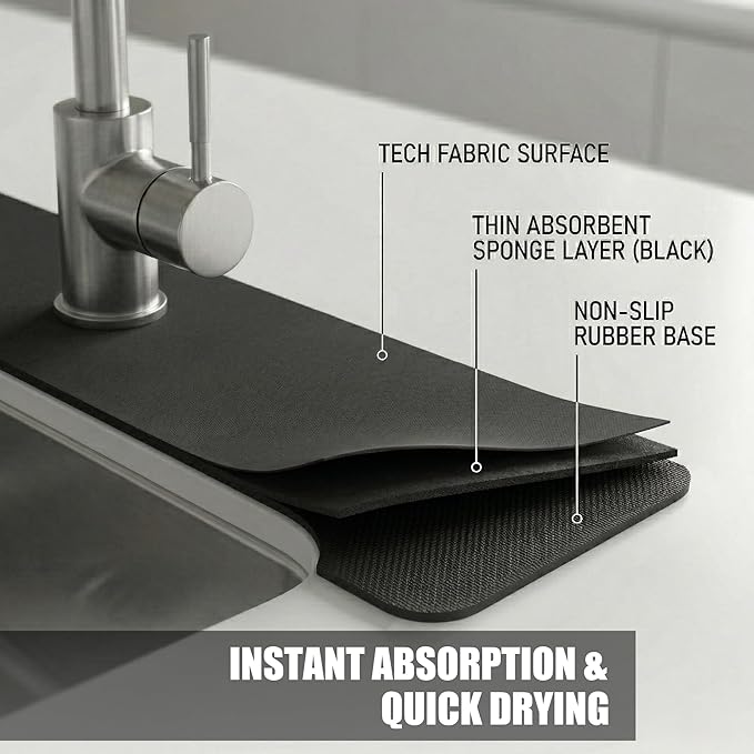 Cuttable Kitchen Sink Faucet Mat: 2PCS 30"Lx5.5"W DIY Splash Guard for Irregular Sink 2, 3 holes, Soap Dispenser & Air Gap - Bathroom Counter Protector Drip Catcher with Pre-Cut Center Hole, Black