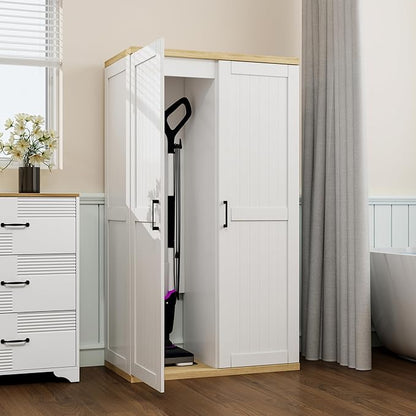Wooden 55" Tall Broom Closet Storage Cabinet for Vacuum Cleaner & Floor Scrubbers with 2 Doors and Adjustable Shelf, Cleaning Supply Cabinet with Bottom Openwork for Laundry Room, Garage