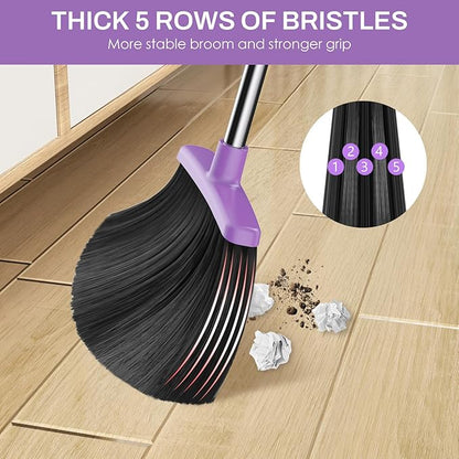 Broom and Dustpan Set for Home, 51-in Long Adjustable Handle Angle Broom and Dustpan Combo Set with Dust Pan Teeth to Clean Hair for Home Kitchen Office Lobby Floor Garden (Black&Purple)