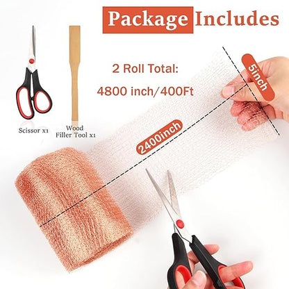 Copper Mesh Rodent Control, 5 in x 400 ft（2 Rolls of 200ft） Proof Wire Screen Roll for Mice Rat Rodent, Bat & Snail, DIY Blocker Weep Hole Filler & Wool Mouse Trap
