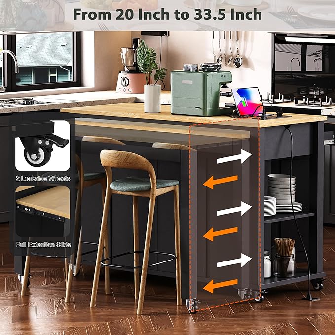 47" Kitchen Island with Extendable Dining Table, Movable Farmhouse Kitchen Islands with Storage Rack, Power Outlet, Island Table on Wheels with 2 Storage Drawers & 2 Cabinets, Black