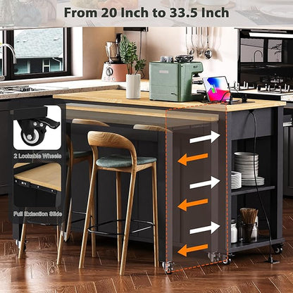 47" Kitchen Island with Extendable Dining Table, Movable Farmhouse Kitchen Islands with Storage Rack, Power Outlet, Island Table on Wheels with 2 Storage Drawers & 2 Cabinets, Black