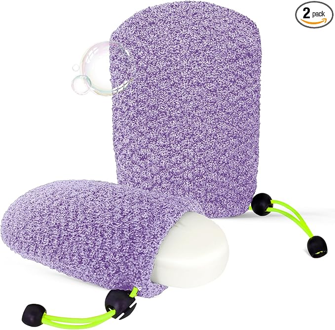 MIG4U Exfoliating Soap Bag for Shower 2 Pieces - Bar Soap Saver Pouch, Bamboo Body Scrubber Exfoliator Pocket in Travel Bathing, Purple