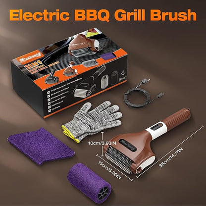 Electric Grill Brush - 4000mAh Cordless BBQ Grill Cleaner 2 Speed - 800RPM Bristle Free BBQ Grill Cleaner Tool Rechargeable with Scraper/LED Light/LED Display for Outdoor/Camping (Brown)
