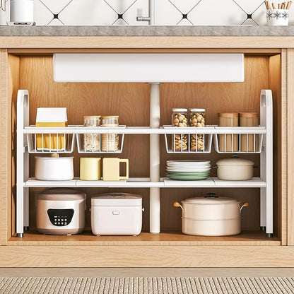 Under Sink Organizer Bathroom 2 Tier,Expandable and Height Adjustable Under Kitchen Sink Organize with Cupboard Shelf,for Kitchen, Bathroom,Laundry Pantry Cabinet,Apartment,White