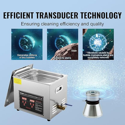 VEVOR Ultrasonic Cleaning with Digital Timer & Heater, Professional Ultra Sonic Jewelry Cleaner, Stainless Steel Heated Cleaning Machine for Glasses Watch Rings Small Parts Circuit Board (10L)
