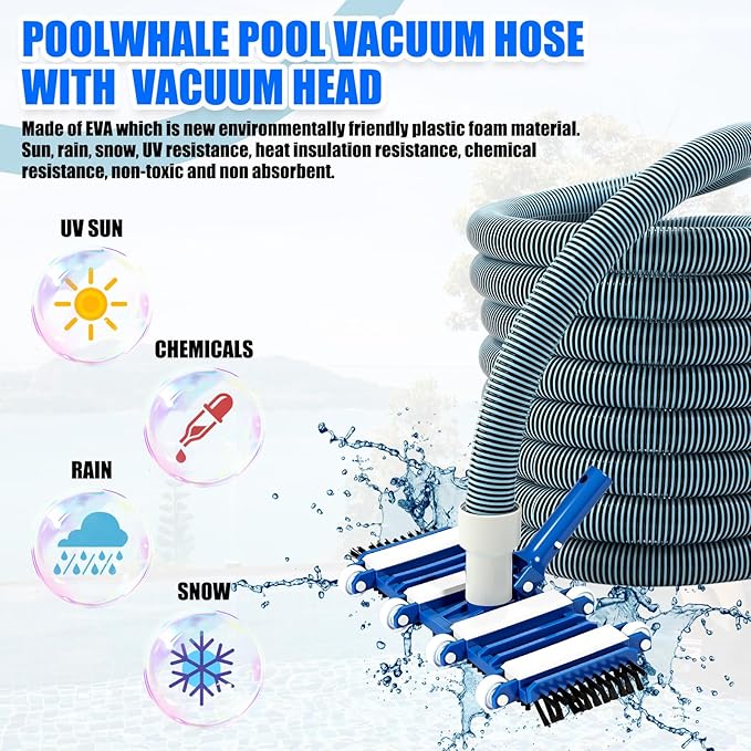 3 Pcs Pool Cleaning Kit Swimming Pool Vacuum Head Hoses 1-1/2" x 30ft with Swivel Wheel Vacuum Head and 14 '' Brush for Inground & Above Ground Pools Spas Ponds Cleaning Manual(with Bristles)
