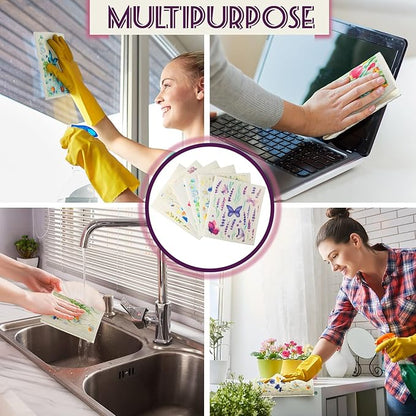 Cunhill 6 Pcs Swedish Dishcloth for Kitchen Spring Floral Swedish Dish Towels Colorful Wildflowers Dishcloth Watercolor Reusable Paper Towels Wildflowers Sponge Cloth for Party Home Cleaning Decor