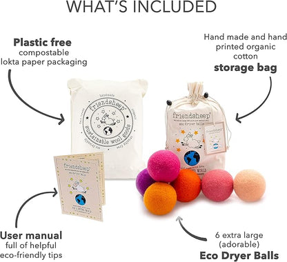 Friendsheep Wool Dryer Balls, Organic Reusable Fabric Softener Alternative for Laundry, Handmade, Fair Trade, Hypoallergenic, Eco-Friendly, Plastic-Free (6 Pack XL - Tropical Sunset)