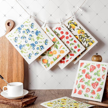 Patelai 6 Pcs Mixed Fruit Swedish Kitchen Dishcloths Reusable Dish Towels Absorbent and Quickly Dry Cleaning Cloths for Kitchen Lemon Orange Strawberry Blueberry Cherry Avocado Cleaning Wipes