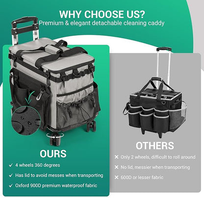 Large Rolling Cleaning Caddy Bag w/Detachable Trolley & Lid - Portable Cleaning Cart on Wheels w/Shoulder Strap & Waist Pouch - Cleaning Supplies & Tool Organizer for Home, Office, Car (Gray)