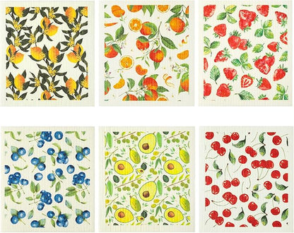 Patelai 6 Pcs Mixed Fruit Swedish Kitchen Dishcloths Reusable Dish Towels Absorbent and Quickly Dry Cleaning Cloths for Kitchen Lemon Orange Strawberry Blueberry Cherry Avocado Cleaning Wipes