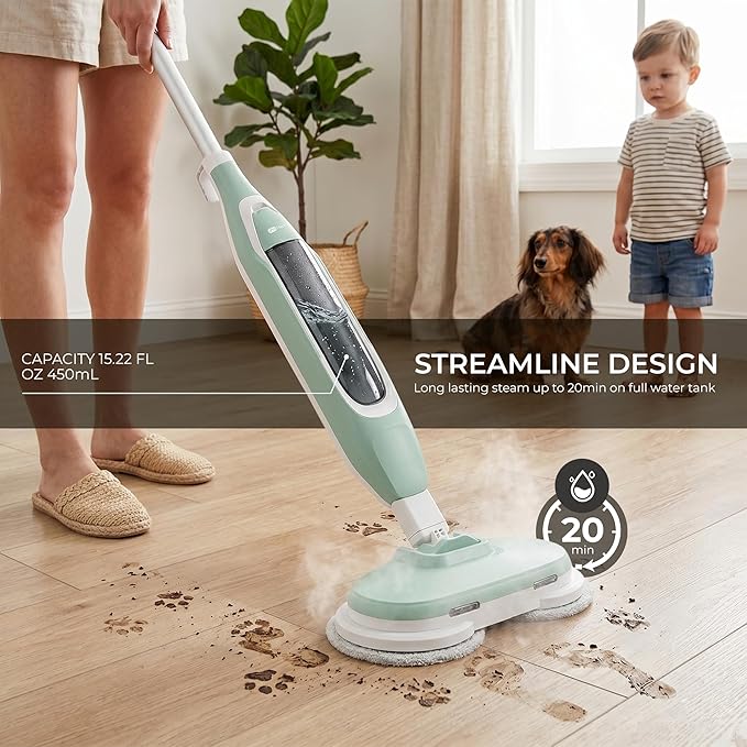 Steam Mop, All-in-One Steam and Scrub Hard Floor Cleaner with LED Headlights, 450ml Tank, 4 Soft Pads, Dual Power, Swivel Steering for Hardwood, Tile and Laminate