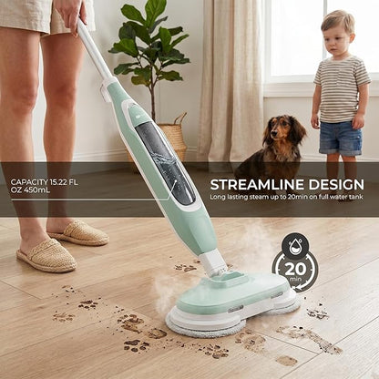 Steam Mop, All-in-One Steam and Scrub Hard Floor Cleaner with LED Headlights, 450ml Tank, 4 Soft Pads, Dual Power, Swivel Steering for Hardwood, Tile and Laminate