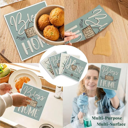 Bless This Home Swedish Dishcloths for Kitchen, Christian Swedish Dish Cloths, 4 Pack Reusable Paper Towels, Cotton and Wood Pulp, 6.7 x 7.5 inches