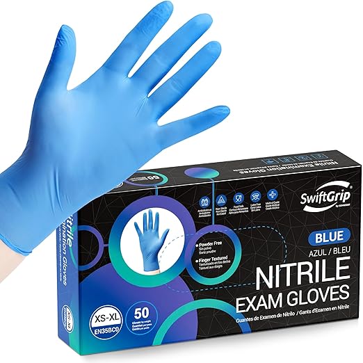 SwiftGrip Disposable Nitrile Exam Gloves, Blue, Nitrile Gloves Disposable Latex Free, Medical Gloves, Cleaning Gloves, Food-Safe Rubber Gloves, Powder Free, Non-Sterile, 50-ct Box (XL)