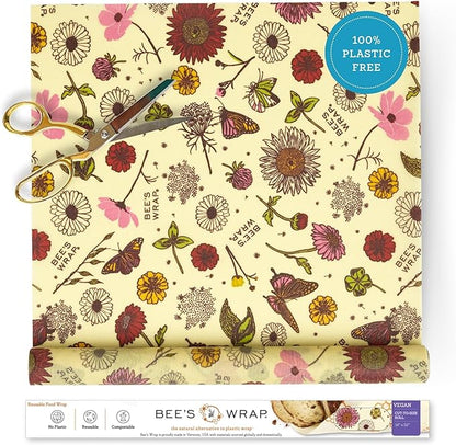 Bee's Wrap Vegan Beeswax Wraps for Food - Cut to Size 14x52" Beeswax Wrap Roll - Plastic Free Made in USA Reusable Natural Food Wrap - Meadow Magic