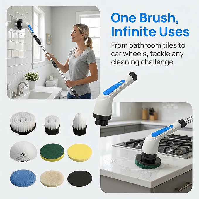 Electric Spin Scrubber - Ditch the Scrubbing! Long Handle Shower Scrubber with 9 Replaceable Heads & 2 Speed Cordless Brush in Modern White!
