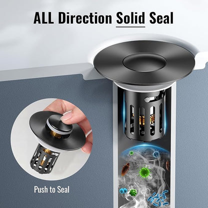 (2 Pc) Bathroom Sink Stopper-All Metal Sink Stopper-Universal Fit 99% Bathroom Stopper with Removable Stainless Steel Hair Catcher- Basin (1.1'' to 2.36'' inch) - Black