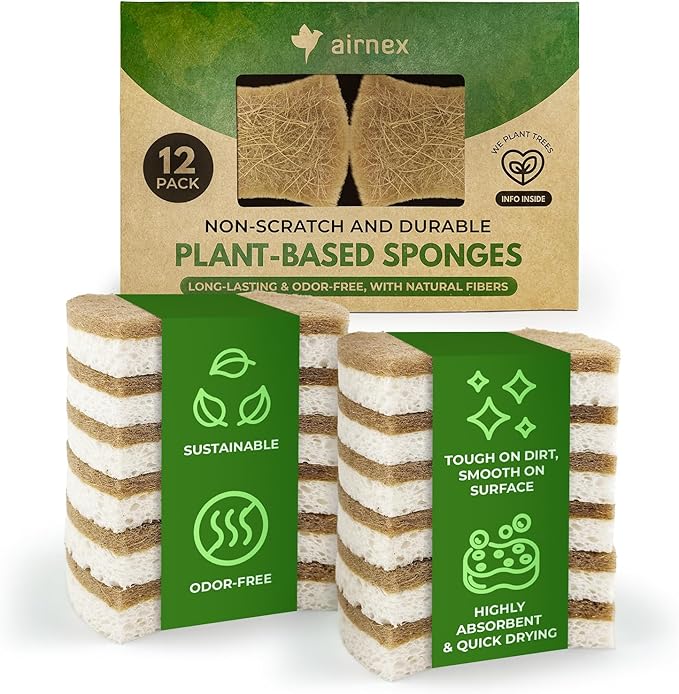 AIRNEX Natural Kitchen Sponges (12 Pack) - Biodegradable Cellulose & Coconut Scrubber Dish Sponge for Kitchen - Eco-Friendly, Non Scratch, Compostable, Non Toxic Natural Sponges for Dishes